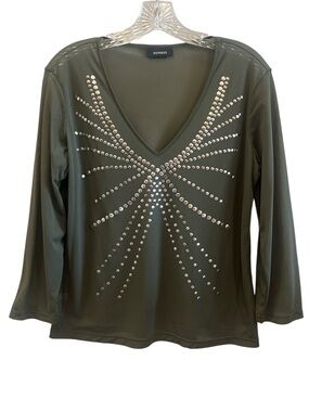Express Olive Green V-Neck 3/4 Sleeve Sheer Top with Two Tone Studs